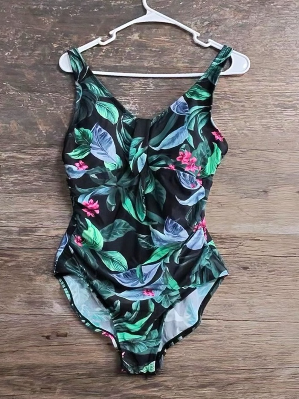 Kona Sol Black One-Piece Swimsuit with Green & Pink Tropical Leaves
